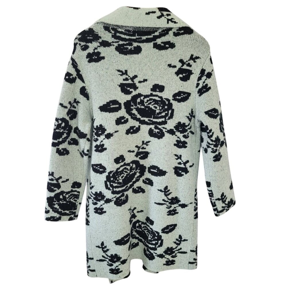MaxSport Floral Long Cardigan Sweater Coat Duster Size M Mint Green Black Roses - Picture 2 of 9
